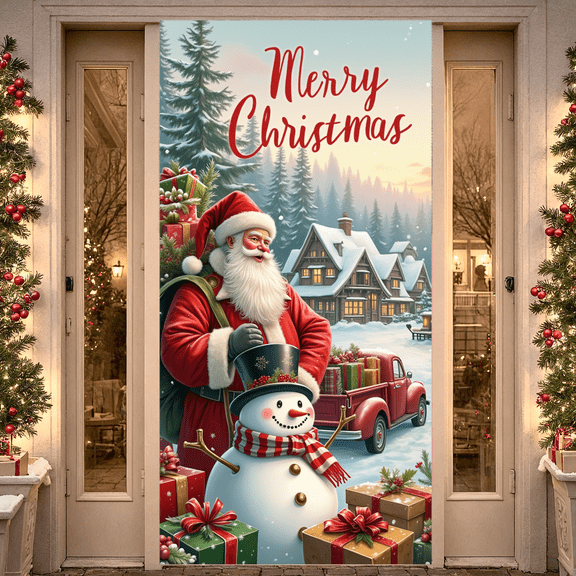 Festive Christmas Train Banner Holiday Decoration Snowy Scene with Santa for Winter Celebration Outdoor Decoration Holiday Party