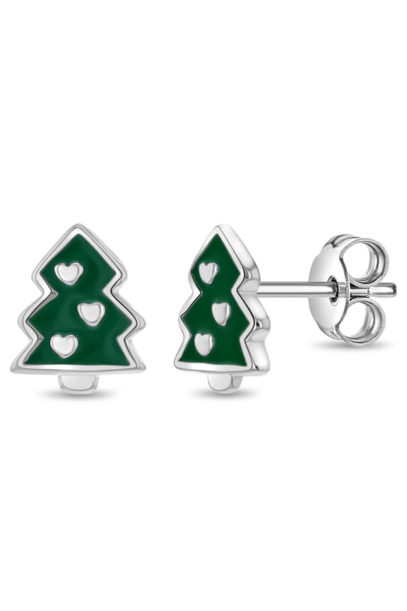 Festive Christmas Tree Kids / Children / Girls Earrings Enamel - Sterling Silver
