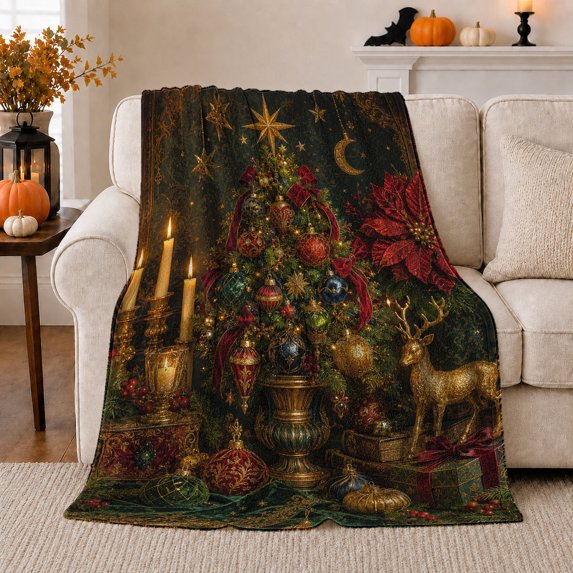 Festive Christmas Tree Ornaments Gifts Still Life Rich, Festive Holiday Scene, Warm Flannel Blanket for Living Room and Family Room, Art Lovers Christmas Gift, Festive Home Decor