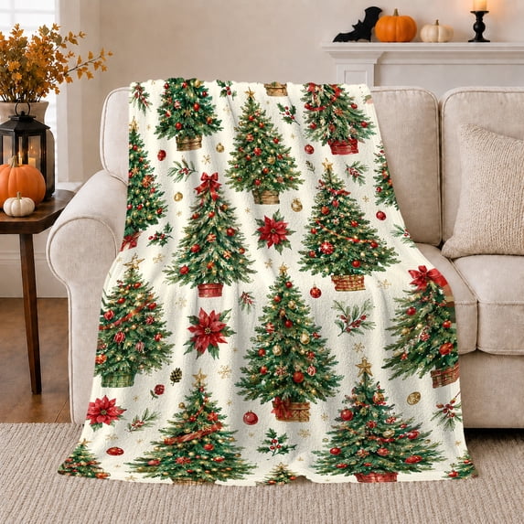 Festive Christmas Tree Poinsettia, Festive Botanical Garden Scene, Warm Flannel Blanket for Living Room and Family Room, Garden Lovers Christmas Gift, Festive Home Decor