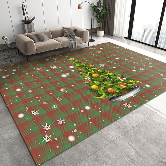 Festive Christmas Tree Snowflakes Area Rug, Red And Green Plaid Stripes Area Rugs, Non Slip Easy Clean Durable Low Pile Foldable Floor Carpet For Living Room Entryway Hallway Patio 4x5ft