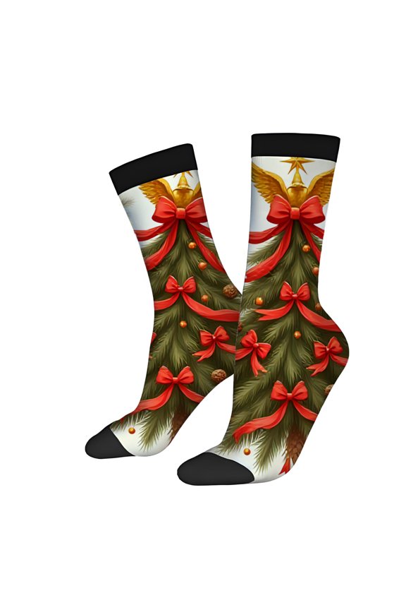 Festive Christmas Tree Socks (2 Pairs) - Unisex Trendy Design with Red Ribbons Ornaments & Pine - Black Toe Cuffs - Perfect for All Seasons