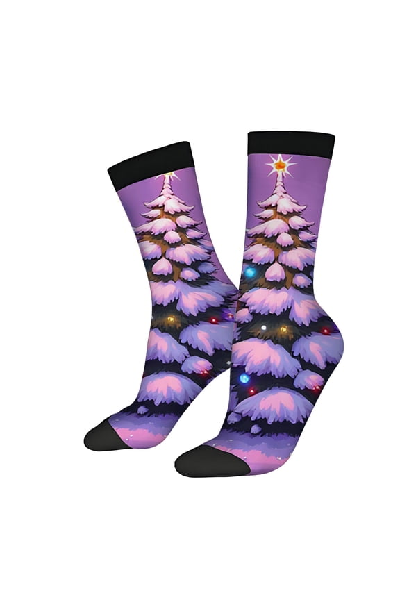Festive Christmas Tree Socks - 2 Pairs of Unisex Trendy Socks with Colorful Lights on Purple Background Perfect for the Holidays