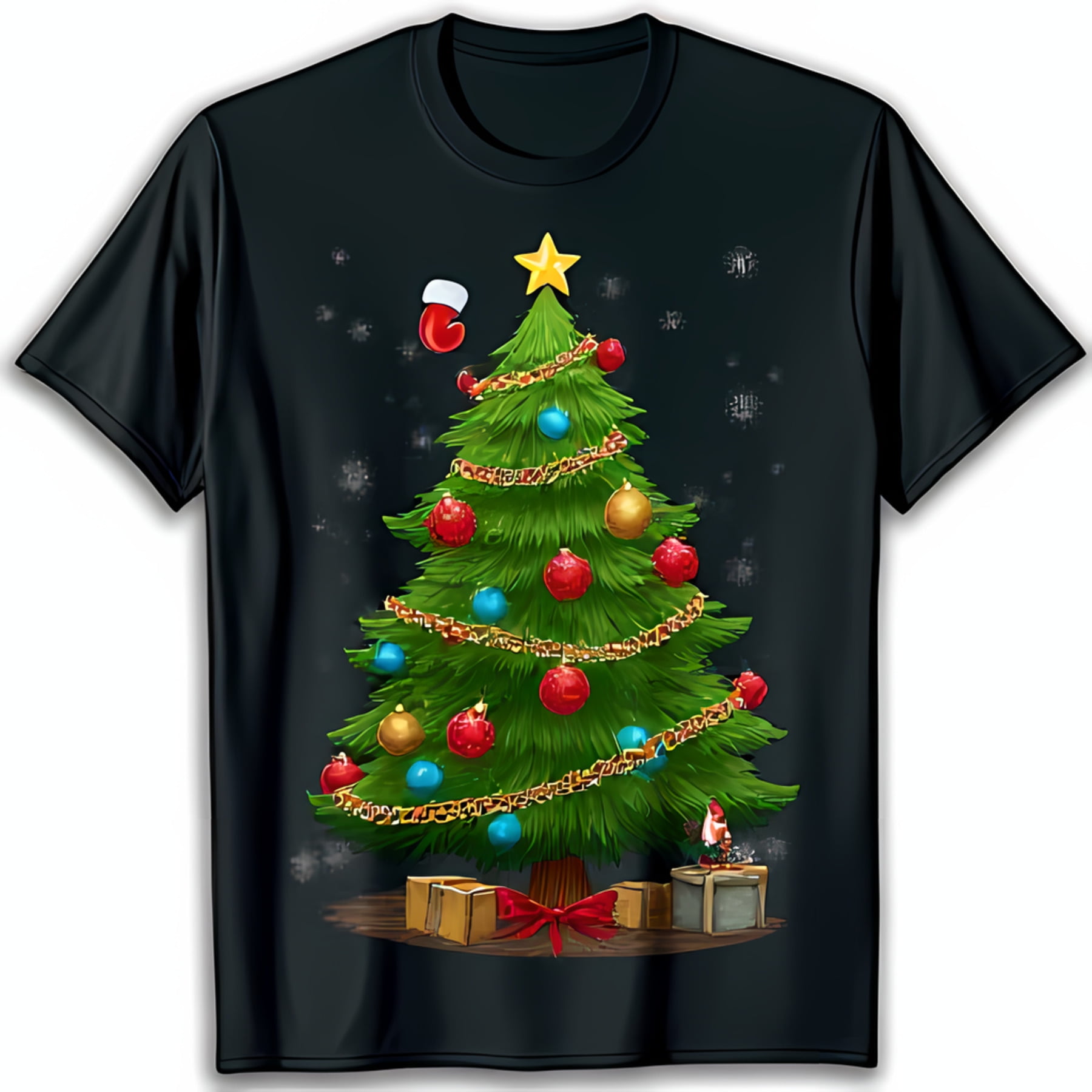 Festive Christmas Tree T-Shirt with Ornaments Tinsel & Snowflakes Black Holiday Tee