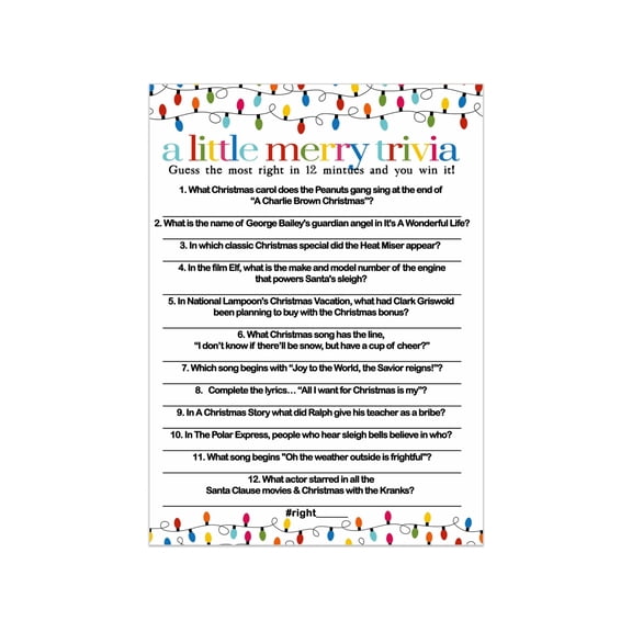 Festive Christmas Trivia Game Cards Version 4 (25 Pack) Holiday Party Games Guessing Activity for Family Adults Groups - Colorful Xmas Themed Favors - Printed 5x7 Size Set - Paper Clever Party