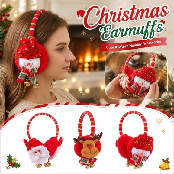 Festive Christmas Wearable Ornament, Kids Ear Muffs, Christmas Decor, Holiday Decorations, Plush Sequined Santa Christmas Earmuffs with Dangling Jingle Bells, Lightweight