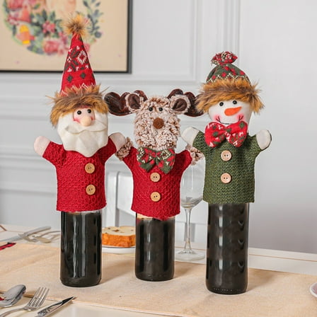 Festive Christmas Wine Bottle Covers Set Of 3: Santa, Reindeer & Snowman!