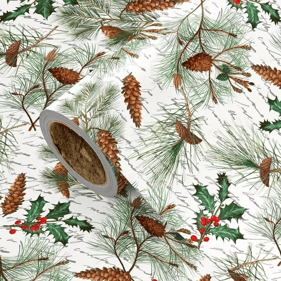 Festive Christmas Wrapping Paper with Pine Cone & Holly Designfor Holiday Decor, Parties & Gifts