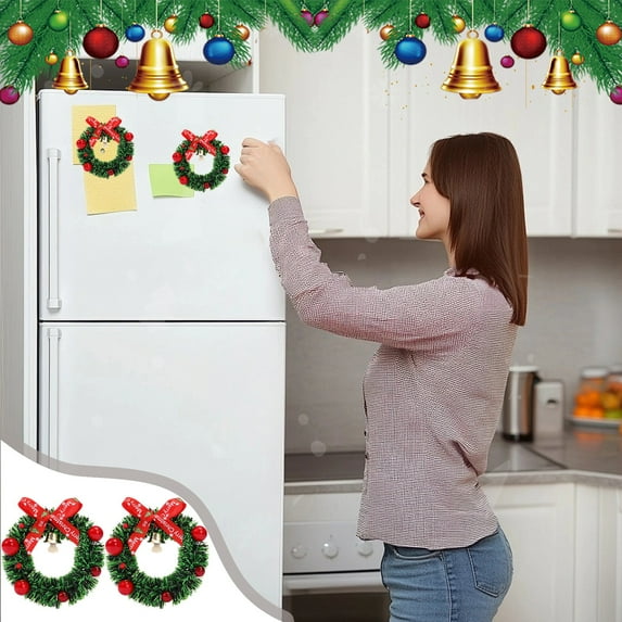 Festive Christmas Wreath Magnets for Refrigerator Door Decor - Plastic Holiday Decor with Bells, Red Balls & Golden Star - Merry Christmas Decoration for Home Office