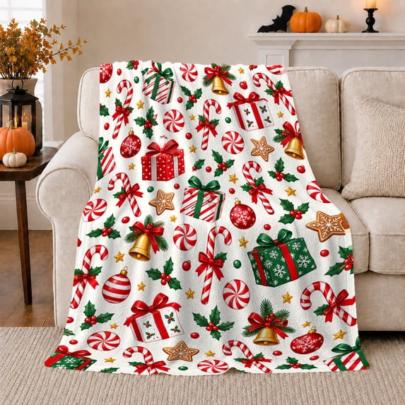 Festive Christmas decorative motif Cane Pattern, Festive Holiday Scene, Warm Flannel Blanket for Living Room and Reading Nook, Art Lovers Christmas Gift, Festive Home Decor