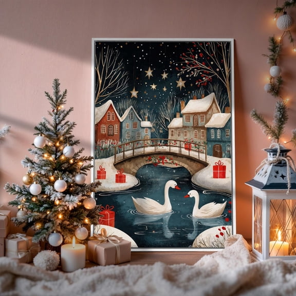 Festive City And Bridge Poster White Swans Wall Art Starry Night Poster Urban Decor Ready To Hang, Unframed Canvas Size 12x18