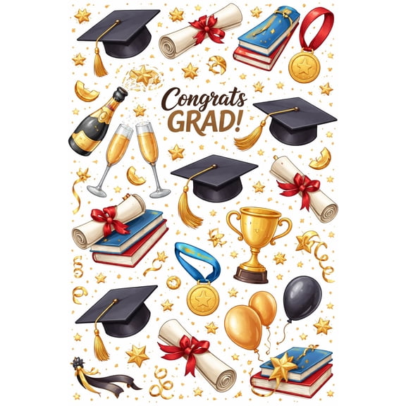 Festive Congrats Grad, Books, Cap & Diploma Pattern Edible Image Cake Topper for Half Sheet Cake, by Tnct. (1 Count)