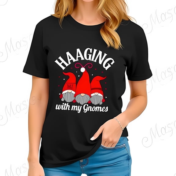 Festive Cotton Short Sleeve T-Shirt - " HAAGING with my " Design with Santa Hat & Personalized Initials