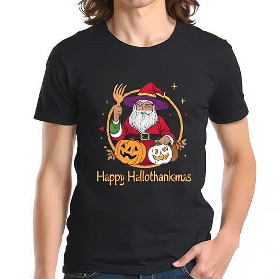 Festive Cotton Short Sleeve T-Shirt - Santa Wizard with Pitchfork Lanterns & " Happy Hallothankmas " Design