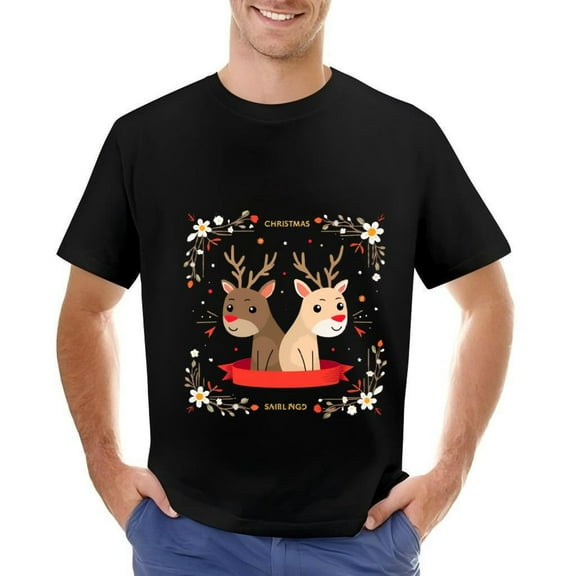 Festive Cotton Short Sleeve T-Shirt for Men - Cartoon Reindeer Design with Floral Patterns & Christmas Text