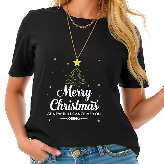 Festive Cotton Short Sleeve T-Shirt with Christmas Tree & Stars " Merry Christmas " Script Humorous