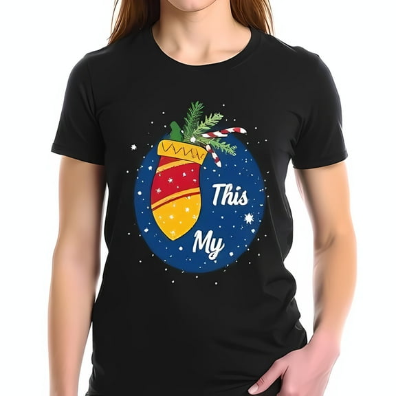 Festive Cotton Short Sleeve T-Shirt with Colorful Christmas Stocking Graphic Snowflakes & " This My " Text
