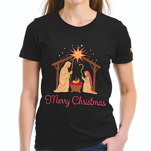 Festive Cotton Short Sleeve T-Shirt with Colorful Nativity Scene & 'Merry Christmas' Design