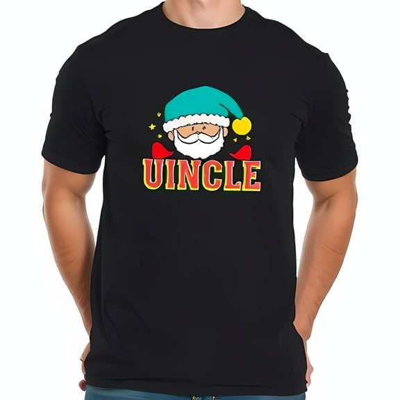 Festive Cotton Short Sleeve T-Shirt with Jolly Santa Claus Design & " UNCLE " Lettering - Perfect for Holiday Gatherings