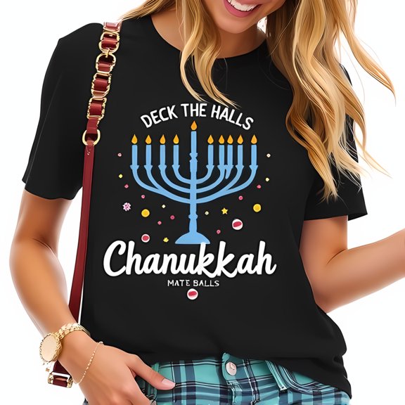Festive Cotton Short Sleeve T-Shirt with Light Blue Menorah 'Deck the Halls' Phrase Colorful & 'Chanukah Mate Balls' Design