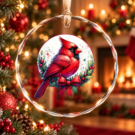 Festive Cute Red Cardinal Bird Christmas Winter Nature Lover Tree Ornament, Holiday Keepsake Gift, Circle Glass Ornament