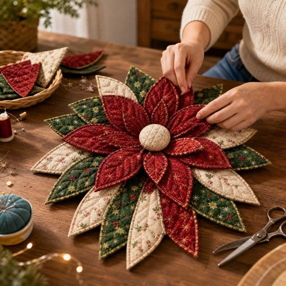 Festive DIY Fabric Patchwork Wreath Kit, Quilt‑Pattern Poinsettia Craft Supplies, Hand‑Making Material Set for Home Holiday Ornament Project