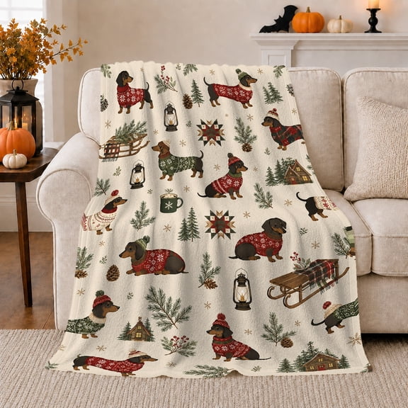 Festive Dachshund Sweaters Rustic Cabin Winter Scene Whimsical, Playful Pet Portrait Pattern, Warm Flannel Blanket for Cabin and Lodge, Dog Lovers Just Because Gift, Pet Lover Home Decor