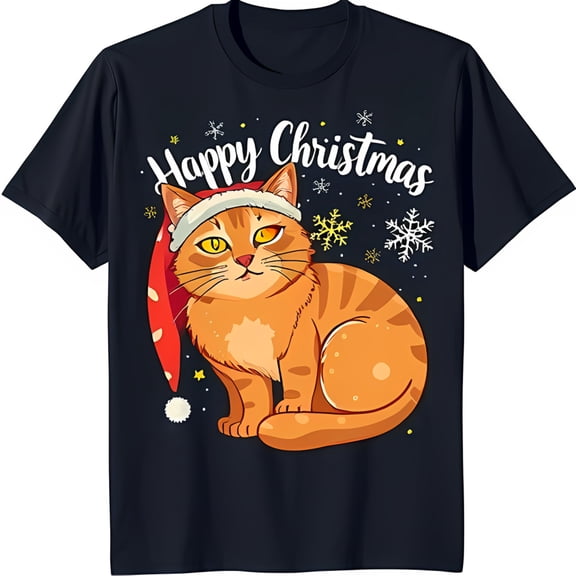 Festive Dark Blue T-Shirt with Playful Tabby Cat in Santa Hat & 'Happy Christmas' Text
