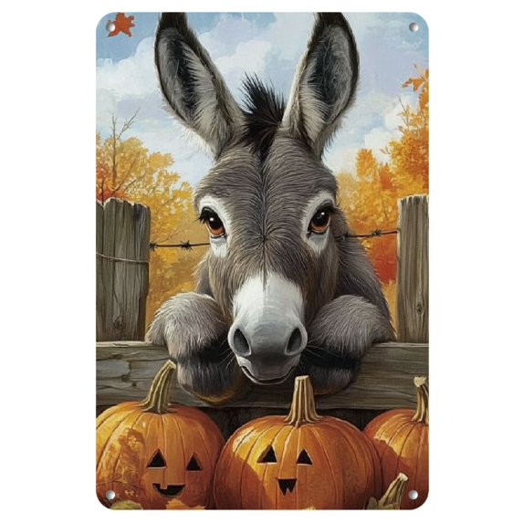Festive Decor. Fall in The Countryside: an Iron Sign Featuring "Donkey And Pumpkin" an Essential Home Accessory for Country Living Enthusiasts, Perfect for Decorating Kitchens