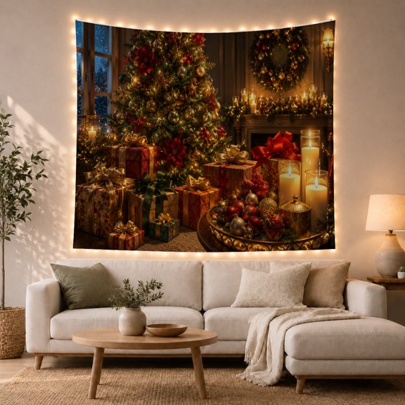 Festive Decorated Tree with Adorned Numerous Baubles Ribbons, Mystical Fantasy for Space Lovers, Galaxy Room Decor, Christmas Gift, Tapestry Wall Hanging for Bedroom and Dorm