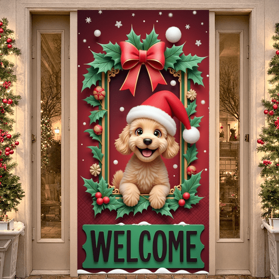 Festive Decoration Christmas Banner Dog Welcome Sign for Holiday Celebration Winter Party Home Decor