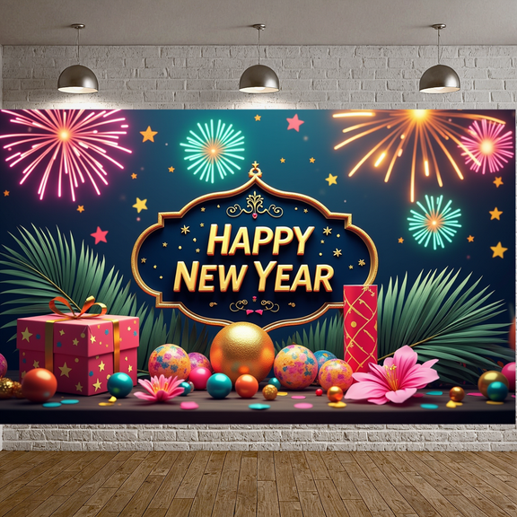 Festive Decoration Happy New Year Banner Decorative Ornaments Colorful Fireworks Palm Leaves Gift Box for Holiday Celebration Party Decor Event