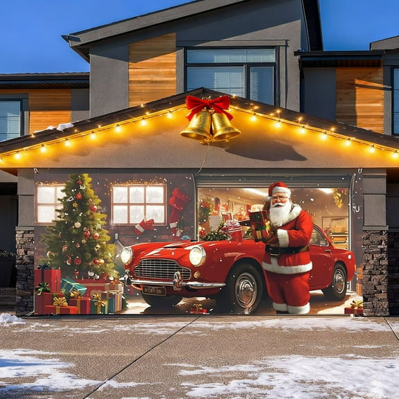Merry Christmas Party Background Santa Photography Decoration 7x16 Feet for Garage Door Ideal for Festive Celebrations and Seasonal Events
