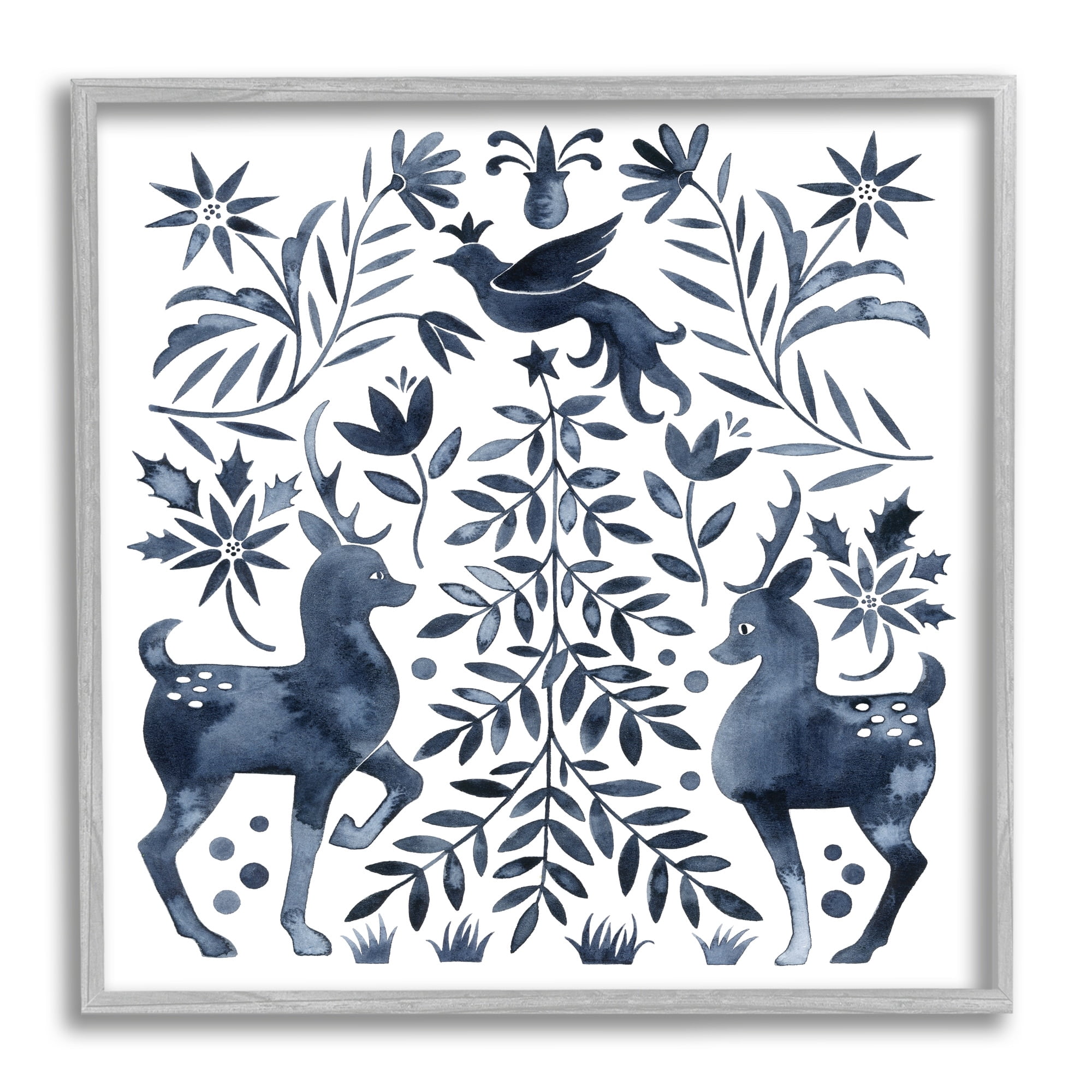 Festive Deer Dove Christmas Tree Botanicals Leaves Animals & Insects Painting Framed Art Print Wall Art