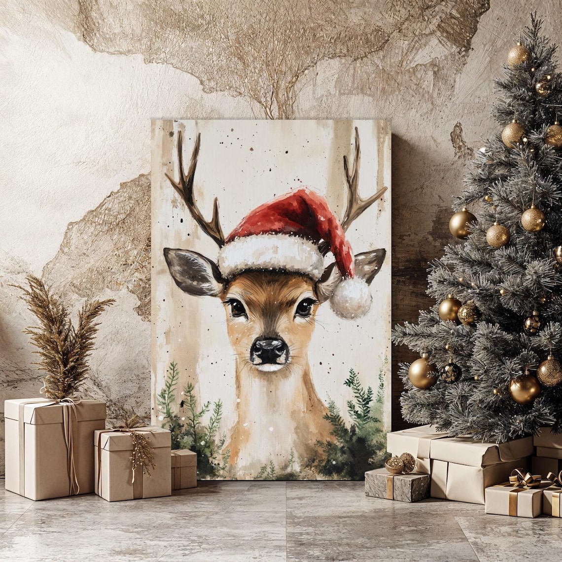 Festive Deer with Santa Hat Wall Art Winter Festive Reindeer Print Cozy ...
