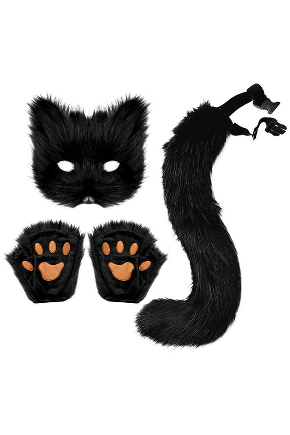 Festive : Deluxe Masquerade Dress Set Realistic Furry Cat Mask Gloves & Tail for Masquerade Mask for Women and Festive Fun