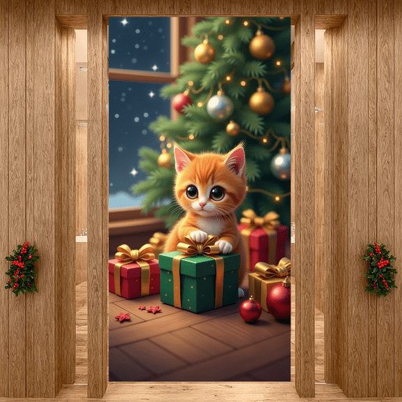 Festive Design Christmas Banner Decorative Cat Cute Kitten Wrapped Gifts for Holiday Celebration Home Decor Family Gathering