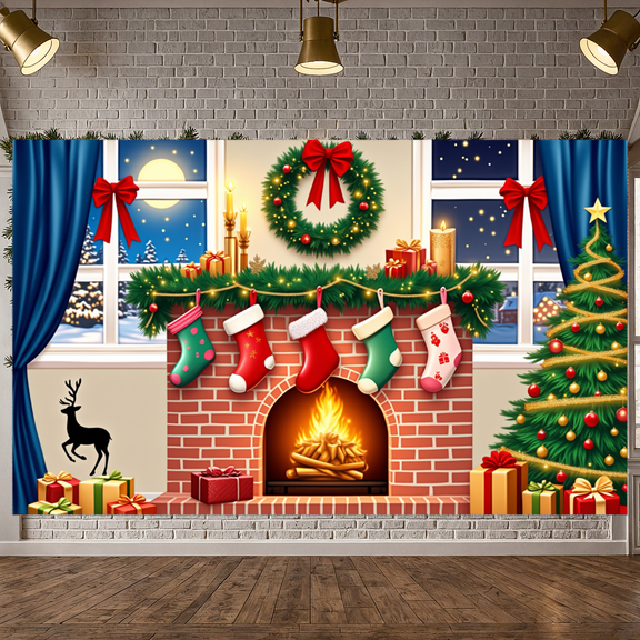 Festive Design Christmas Banner Decorative Stockings Wreath Holiday Fireplace Decoration for Family Gathering Winter Festive Indoor Celebration