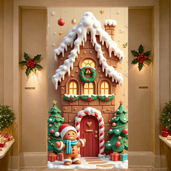 Festive Design Christmas Banner Gingerbread House Holiday Decor Snowy Scene for Winter Celebration Indoor Decoration Children Party