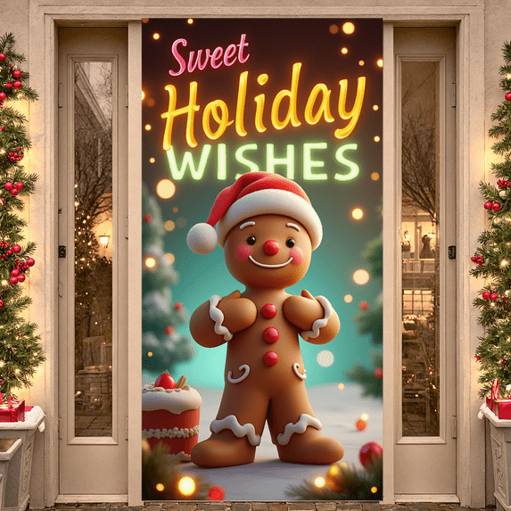 Festive Design Christmas Banner Gingerbread Man Sweet Holiday Wishes Decoration for Holiday Celebration Indoor Decoration Winter Party