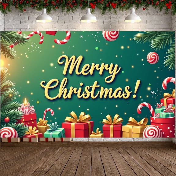 Festive Design Christmas Banner Green Background Xmas Display Gold Lettering Gift Boxes Holiday Backdrop for Christmas Party Home Decoration Family Reunion