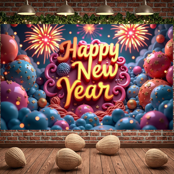 Festive Design Happy New Year Banner Decorative Accents Celebration Background for Holiday Party Celebration Indoor Decoration New Year Event