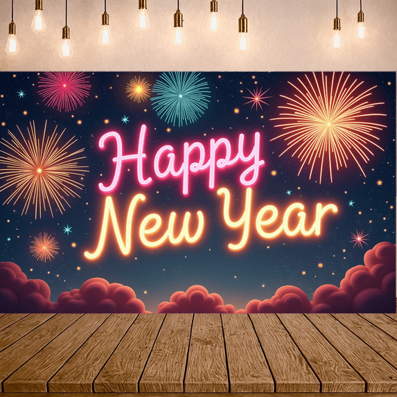 Festive Design Happy New Year Banner Fireworks Display Decorative Backdrop Colorful Celebration Polyester Material for Party Decoration Event Decoration Holiday Celebration
