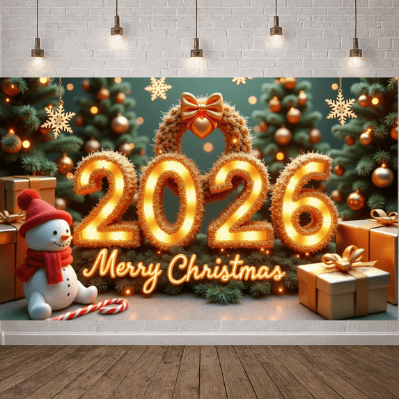 Festive Design Merry Christmas Banner Holiday Decoration Gold Light Up 2026 Banner for Christmas Party Celebration Indoor Decor