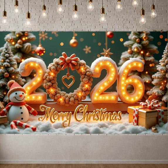 Festive Design Merry Christmas Banner Holiday Decoration Gold Light Up 2026 Banner for Christmas Party Celebration Indoor Decor