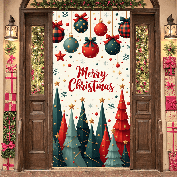 Festive Design Merry Christmas Banner Red Green Ornaments Holiday Trees Graphic for Christmas Party Indoor Home Decoration