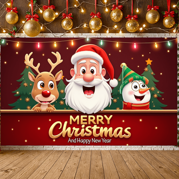 Festive Design Merry Christmas Banner Reindeer Santa Snowman Christmas Tree for Holiday Party Indoor Decoration Family Celebration