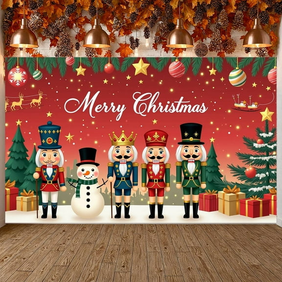 Festive Design Merry Christmas Decorative Banner Nutcracker Theme Holiday Backdrop for Winter Celebration Indoor Decoration Kids Party