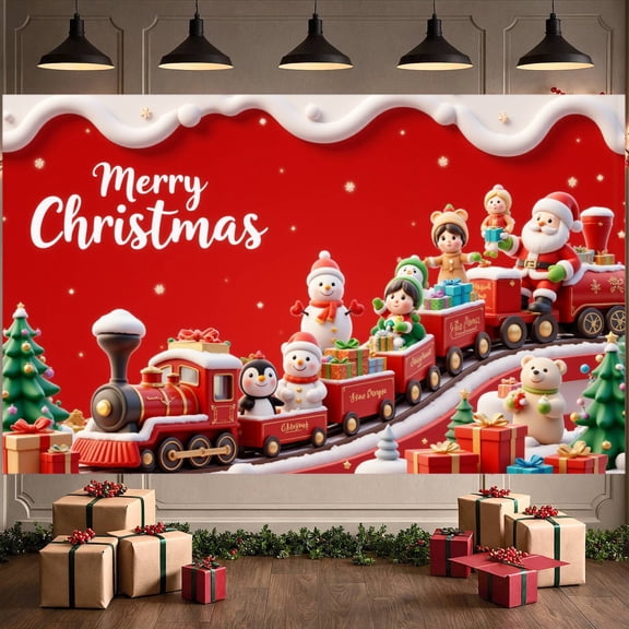 Festive Design Merry Christmas Train Theme Snowman Santa Banner for Holiday Party Indoor Decoration Family Celebration