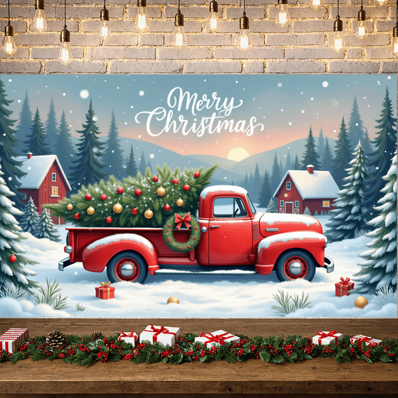 Festive Design Merry Christmas Vintage Truck Banner Rustic Look Snowy Scene Christmas Trees for Holiday Party Home Decoration Seasonal Celebration Christmas Eve